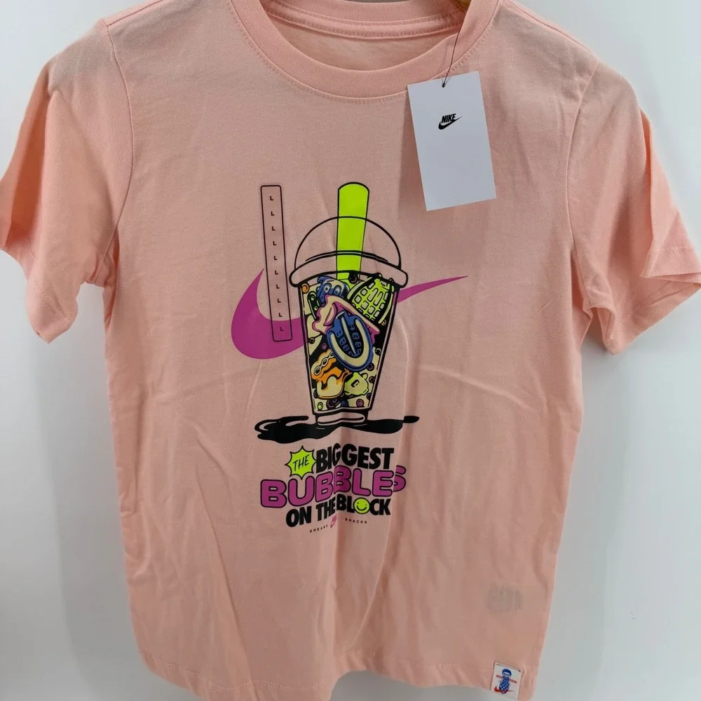 Nike Tee Graphic T Shirt Pink Bubble Drink Sneakers Snacks Size L NWT